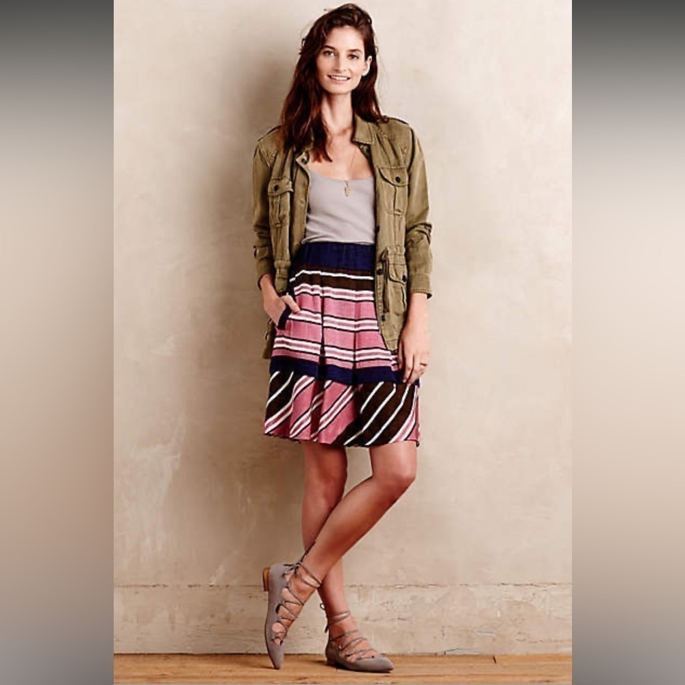 Maeve Anthropologie Pink Striped Tiered Peplum Pleated Boho Skirt Size 6